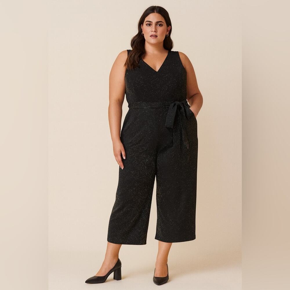 Calvin Klein Jumpsuit Size 14 Black Sparkle Tie Waist